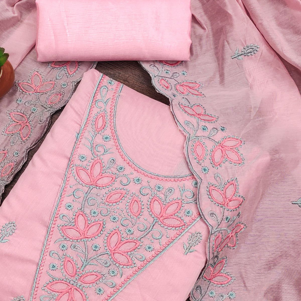 Pink Floral Embroidered Chanderi Dress Material