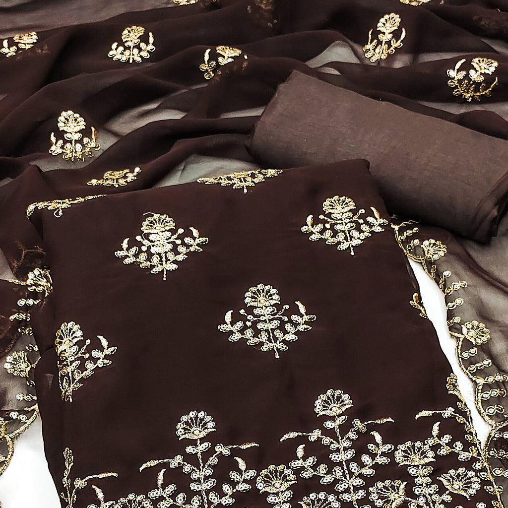 Brown Floral Sequins Embroidered Georgette Dress Material
