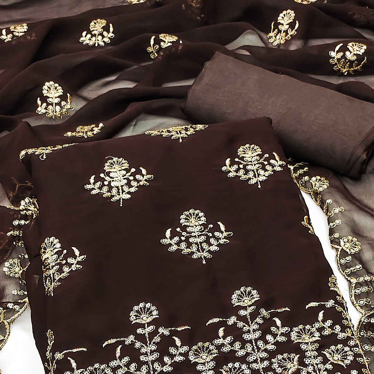 Brown Floral Sequins Embroidered Georgette Dress Material