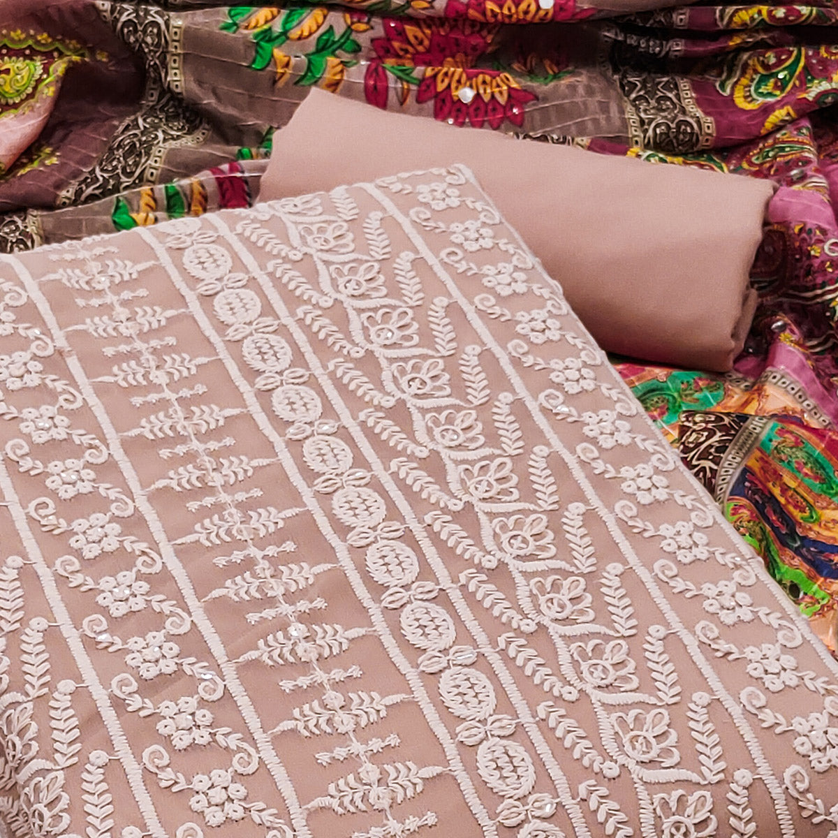 Coffee Brown Floral Chikankari Work Georgette Dress Material