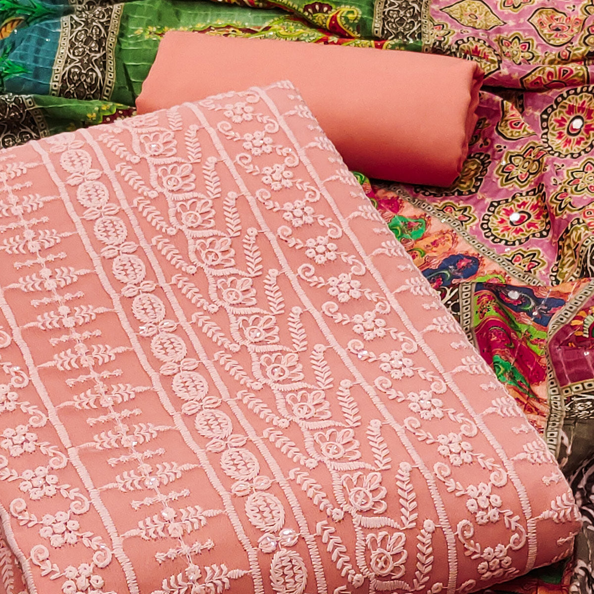 Peach Floral Chikankari Work Georgette Dress Material