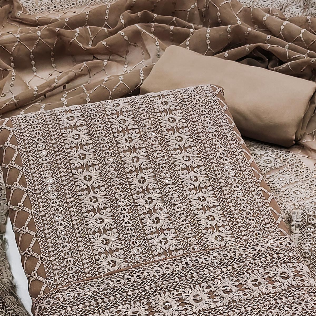 Brown Chikankari Work Georgette Dress Material