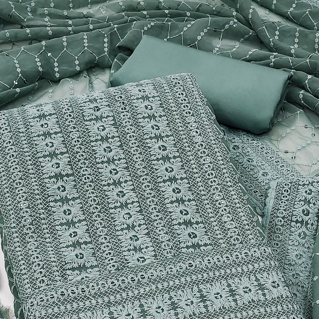 Grey Chikankari Work Georgette Dress Material