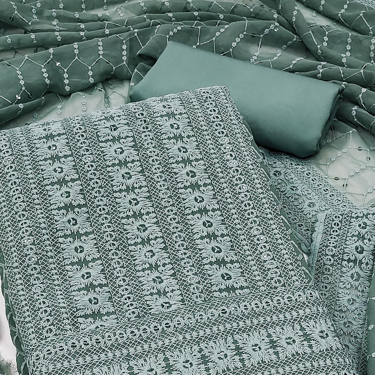 Grey Chikankari Work Georgette Dress Material