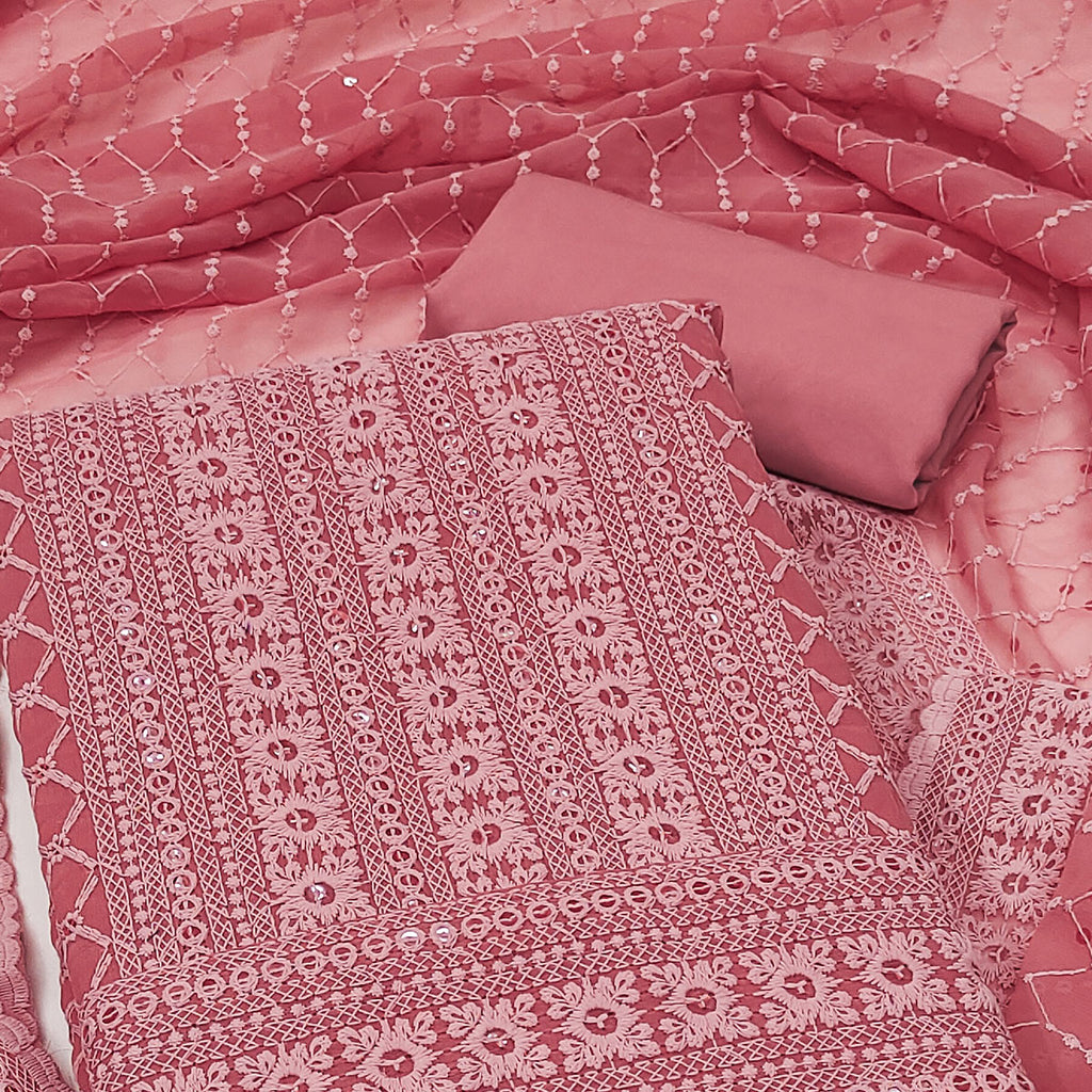 Pink Chikankari Work Georgette Dress Material