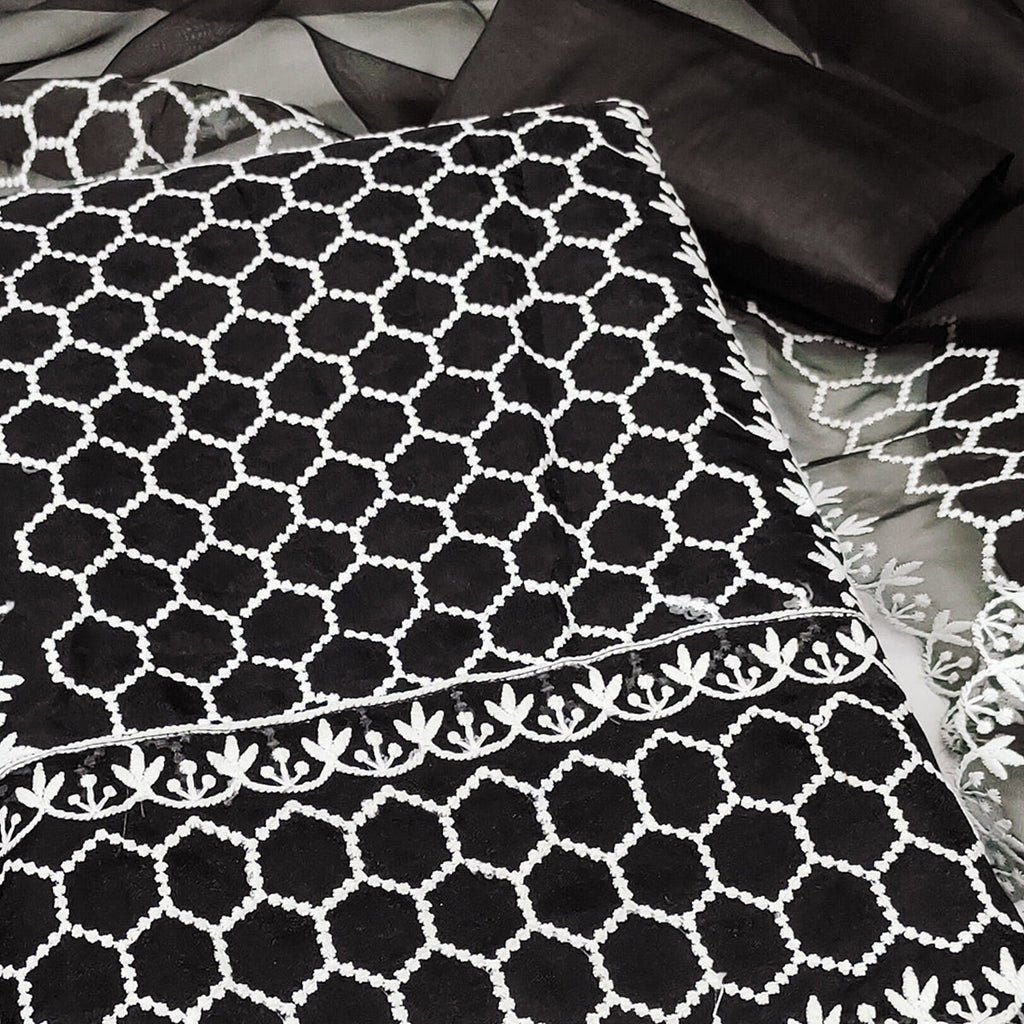 Black Embroidered Organza Dress Material