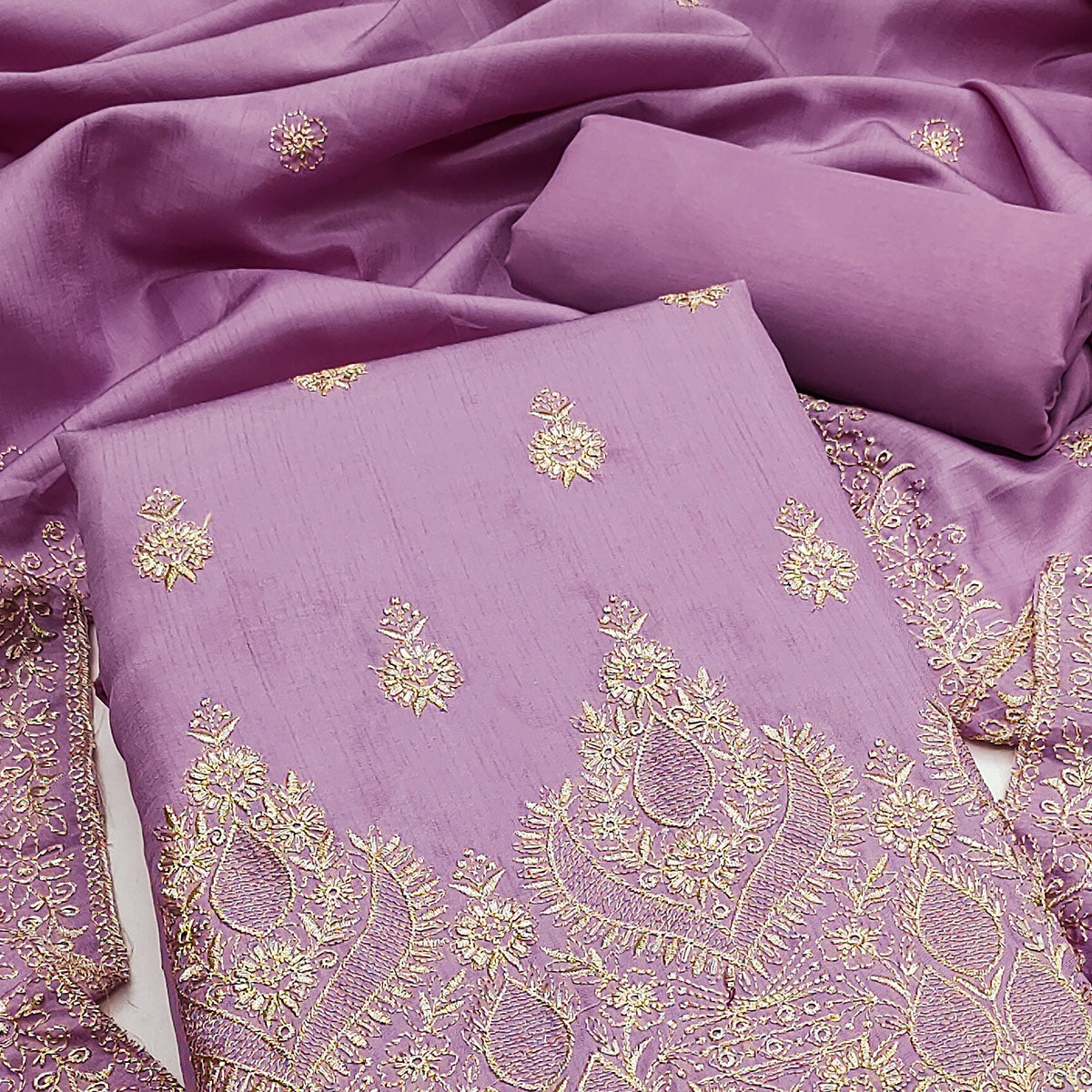 Lavender Floral Embroidered Cotton Blend Dress Material