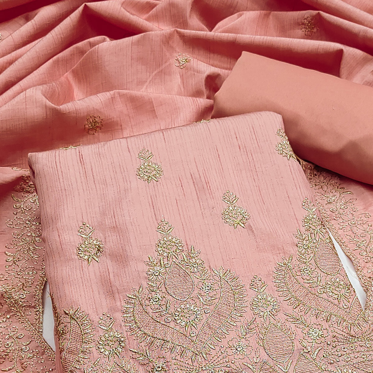 Peach Floral Embroidered Cotton Blend Dress Material