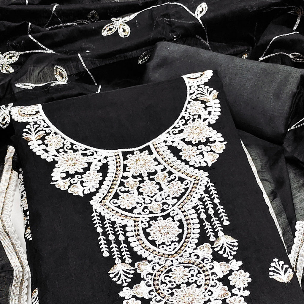 Black Floral Embroidered Chanderi Dress Material