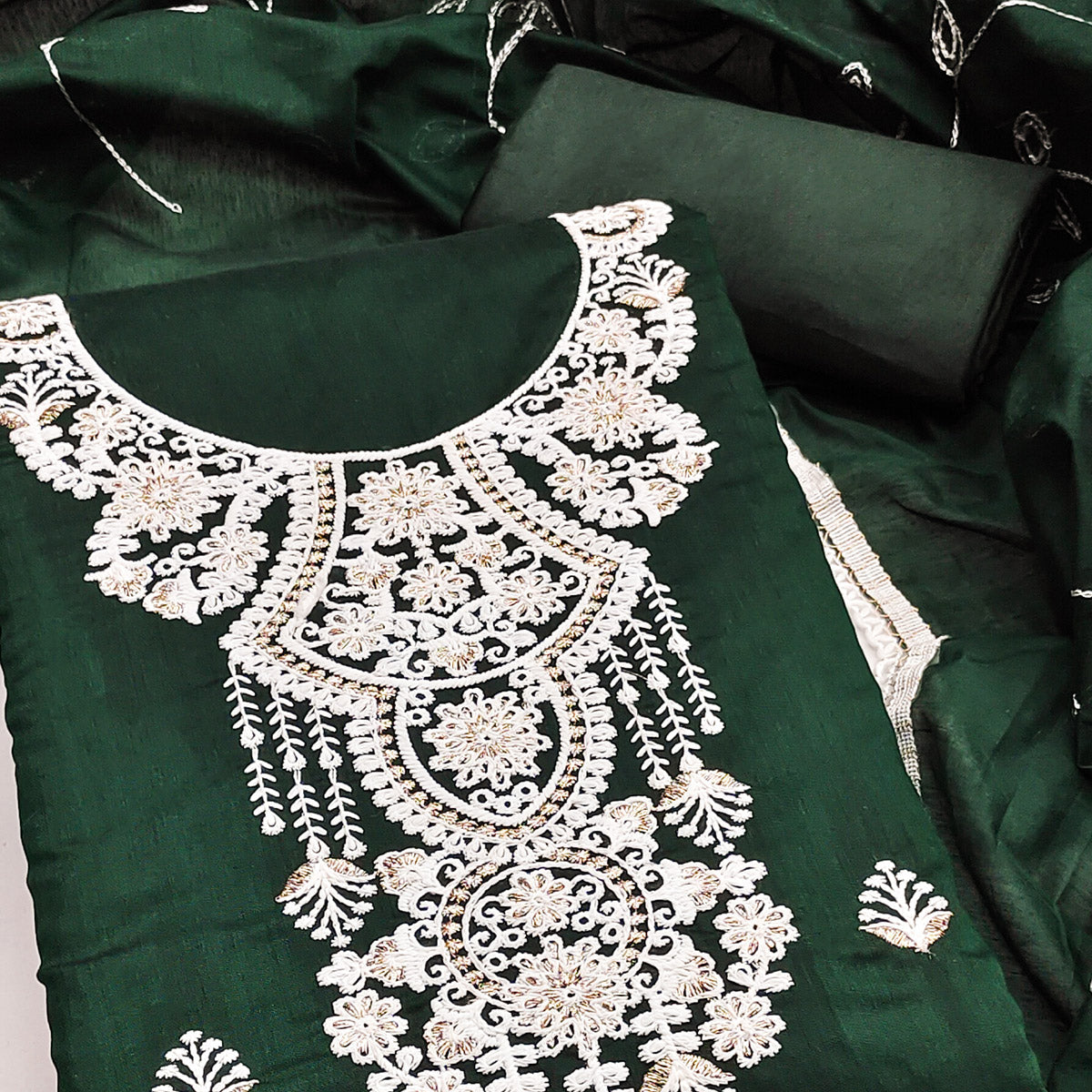 Bottle Green Floral Embroidered Chanderi Dress Material