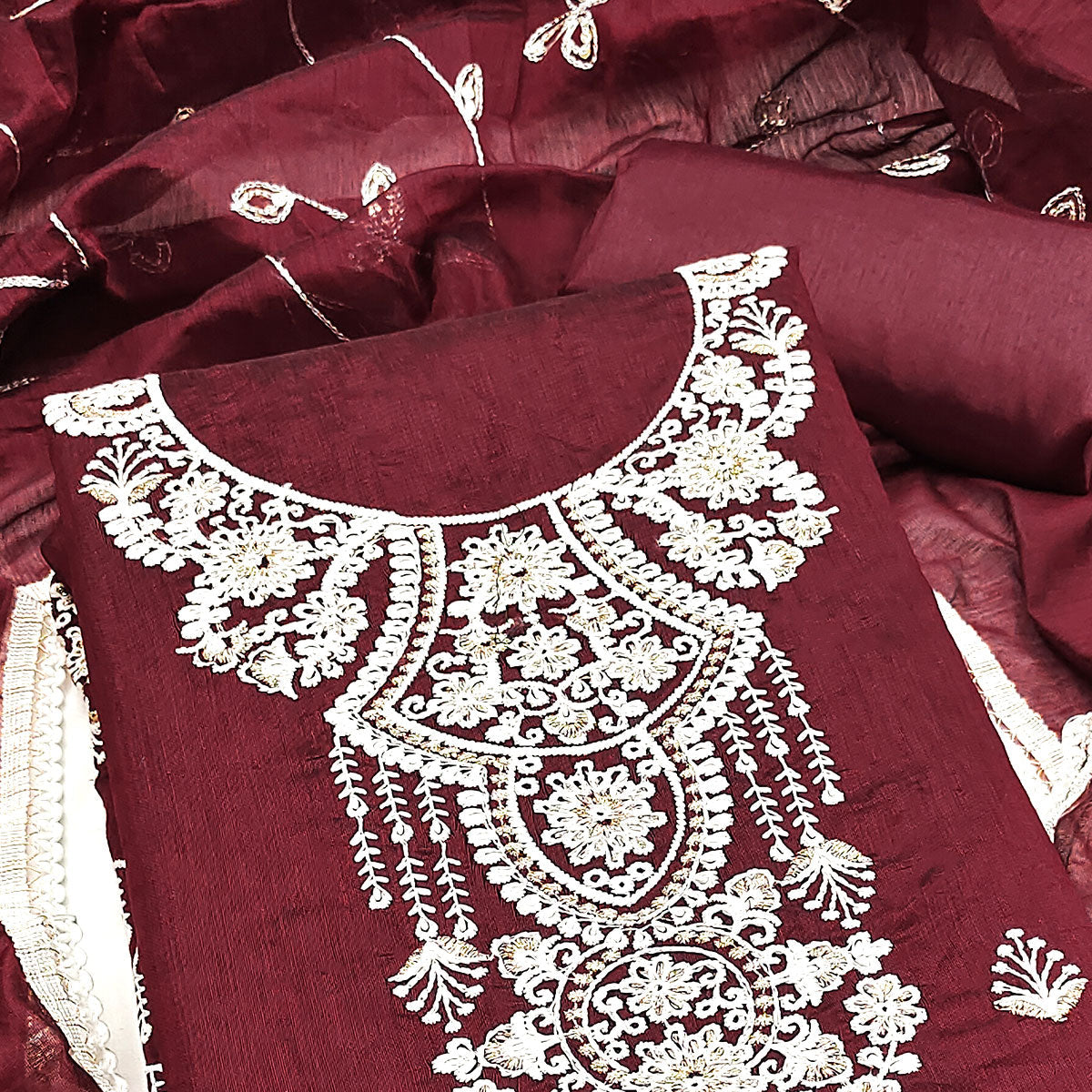 Maroon Floral Embroidered Chanderi Dress Material