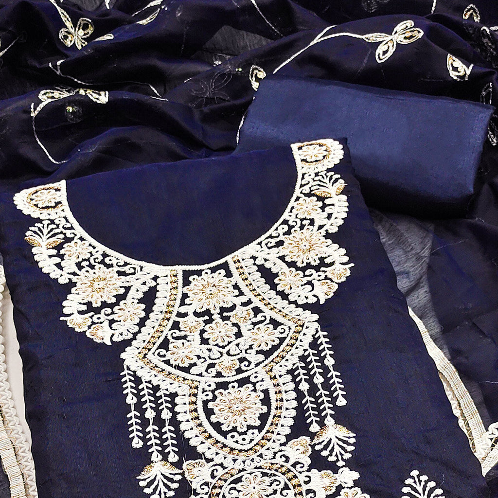 Navy Blue Floral Embroidered Chanderi Dress Material