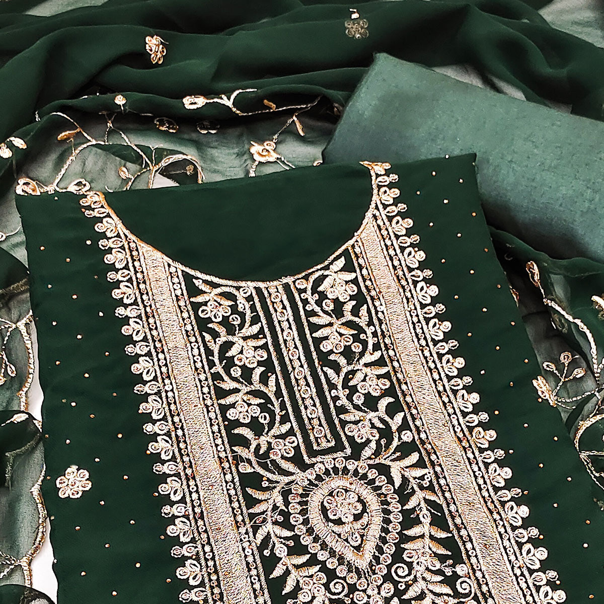 Green Floral Embroidery With Stonework Georgette Dress Material