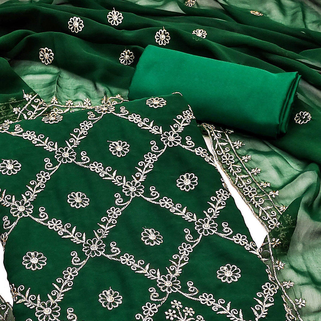 An Ethereal Charm Green Floral Embroidered Georgette Dress Material