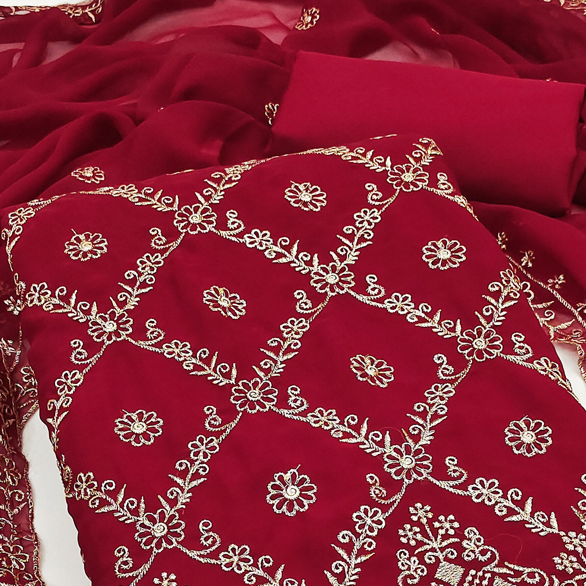 Drape Yourself In Luxury Maroon Floral Embroidered Georgette Dress Material