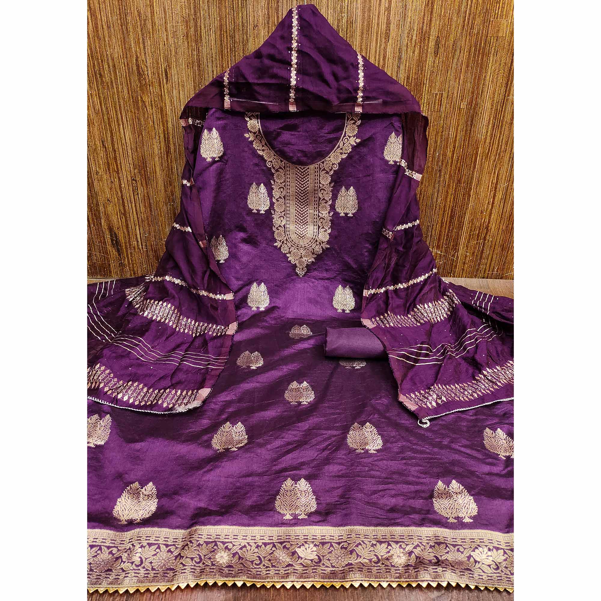 Make a Statement with Purple Floral Woven Banarasi Jacquard Dress Material