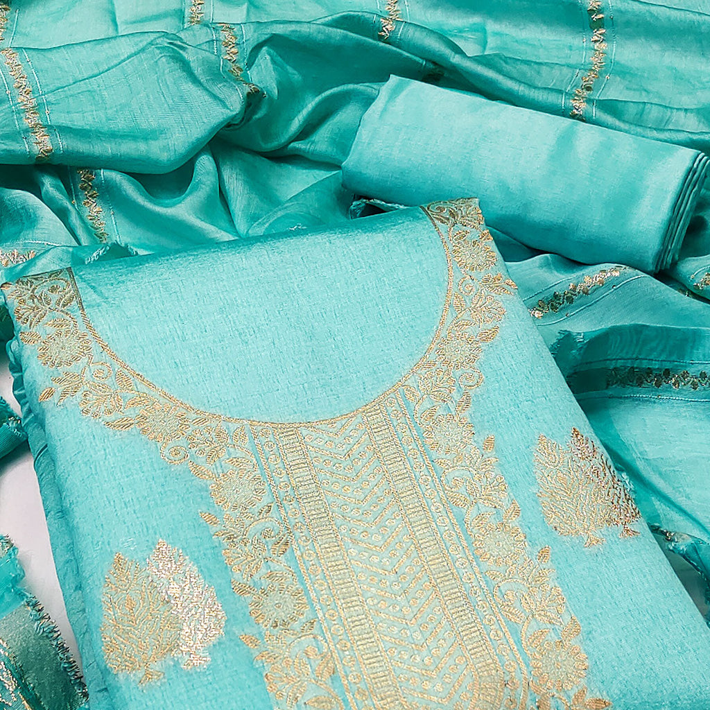 Drape Yourself in Luxury Turquoise Floral Woven Banarasi Jacquard Dress Material
