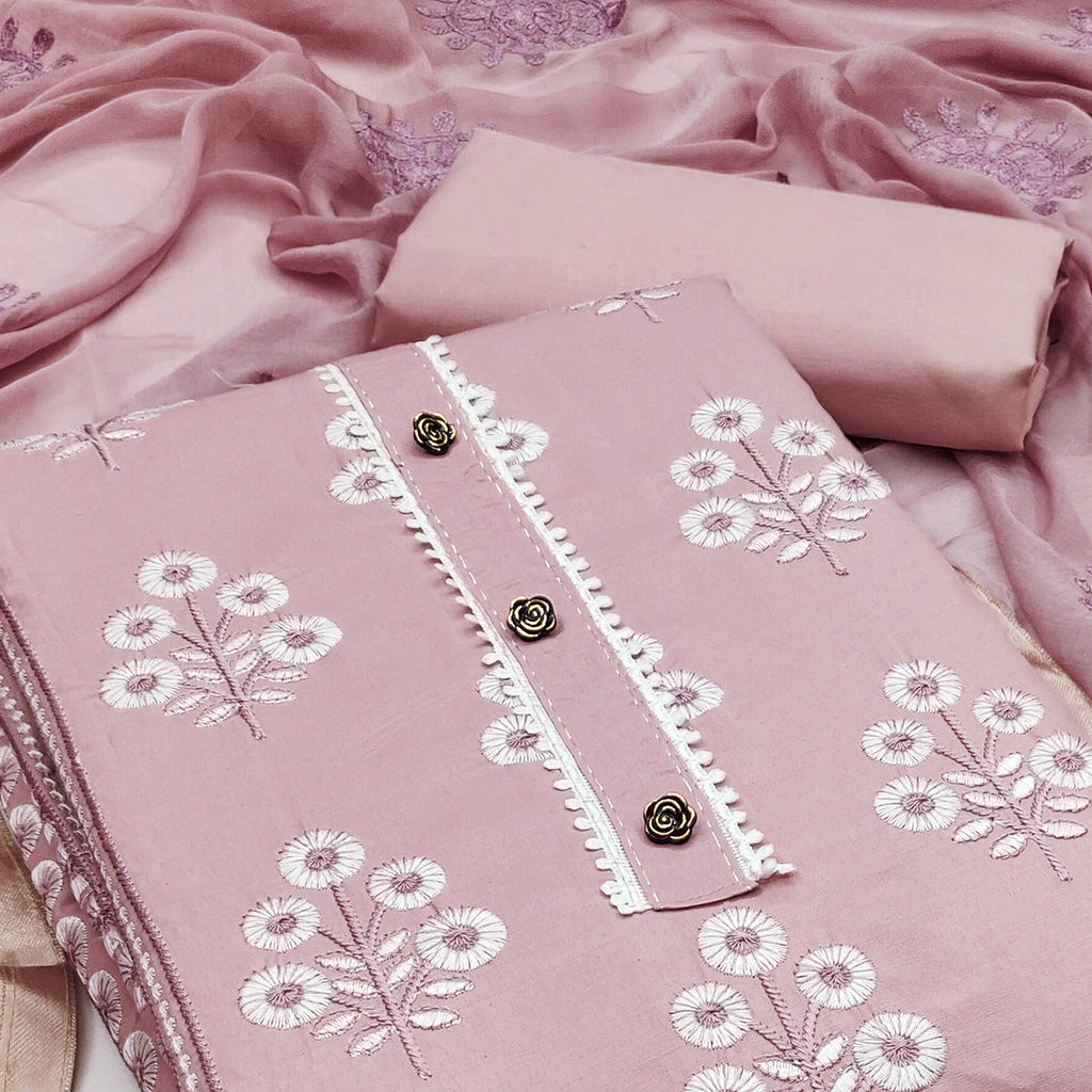 A Timeless Beauty Light Mauve Floral Thread Embroidered Cotton Blend Dress Material