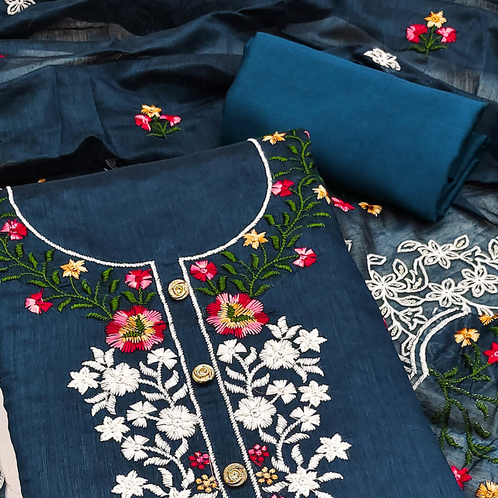 A Timeless Beauty Blue Floral Sequins Embroidered Chanderi Dress Material