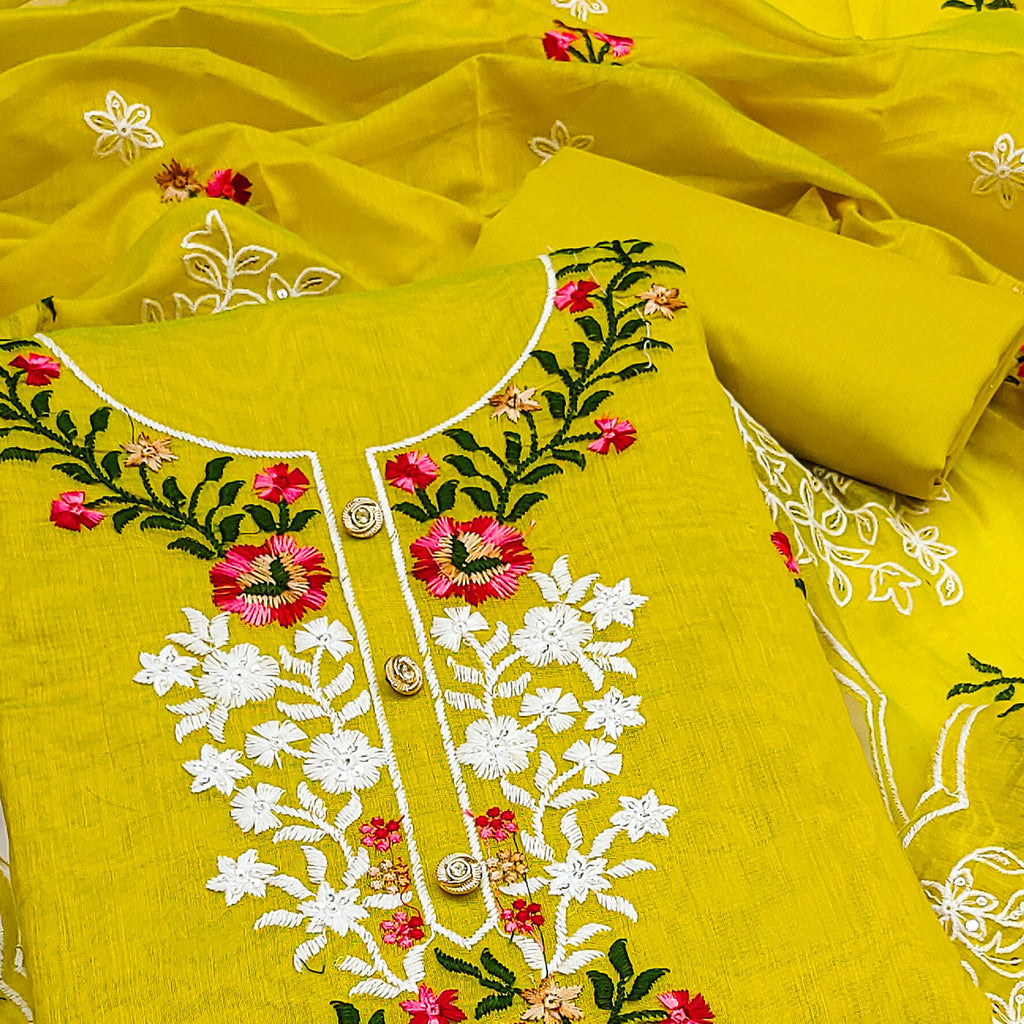 An Ethereal Charm Lemon Yellow Floral Sequins Embroidered Chanderi Dress Material