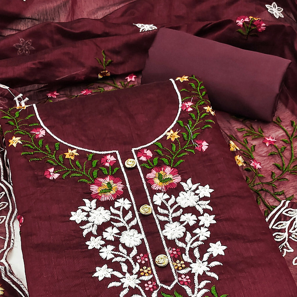 A Timeless Beauty Maroon Floral Sequins Embroidered Chanderi Dress Material