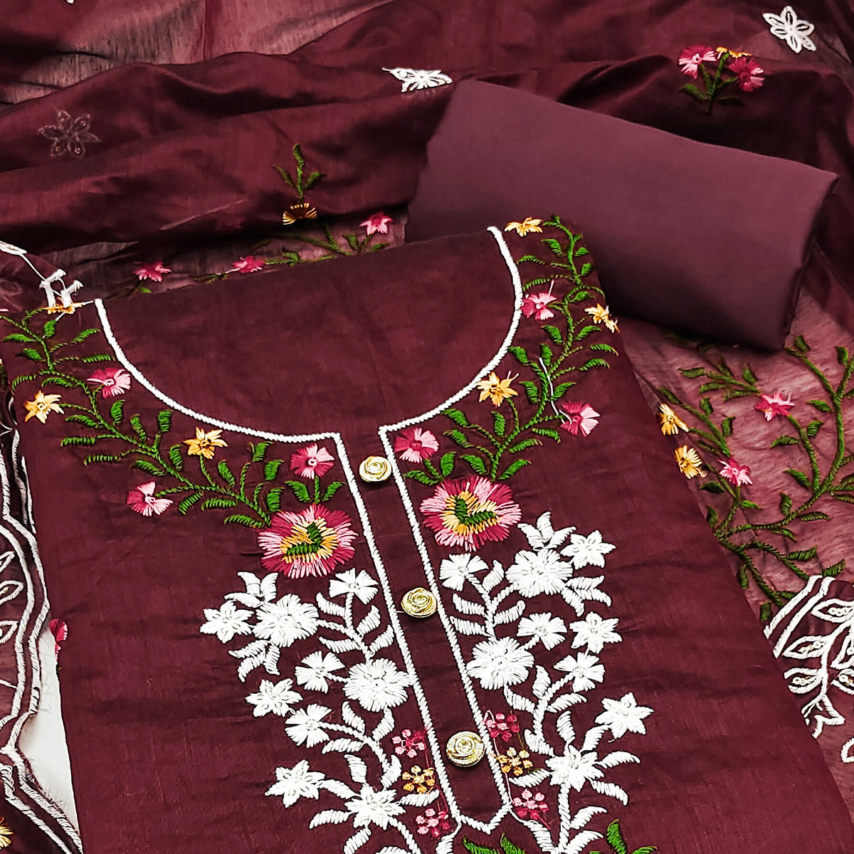 A Timeless Beauty Maroon Floral Sequins Embroidered Chanderi Dress Material