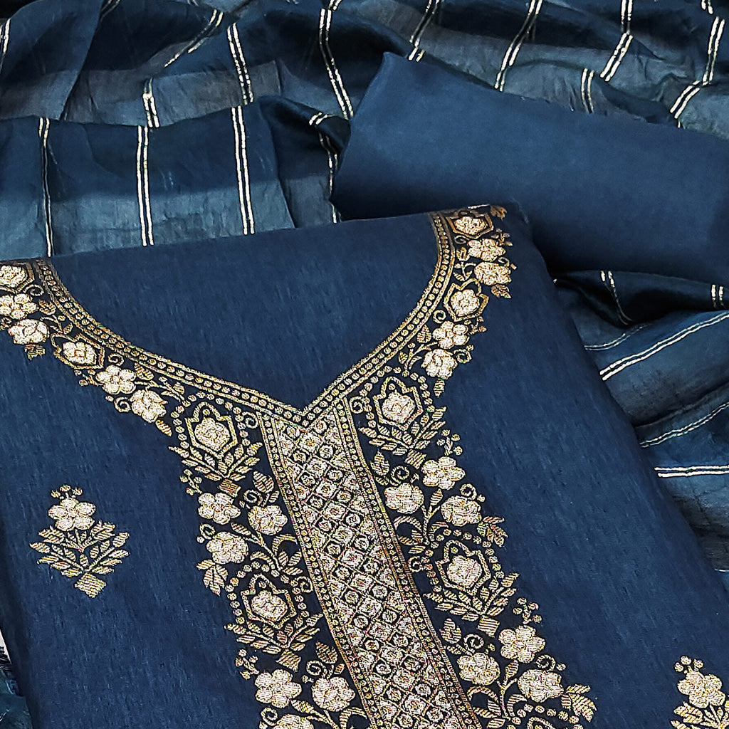 Charming Blue Banarasi Jacquard Dress Material Adorned With Ornate Zari Floral Weaves