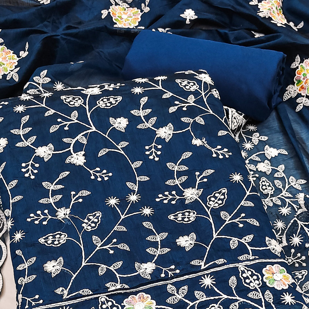 Elegant Blue Chanderi Silk Dress Material Adorned With Graceful Floral Thread Embroidery