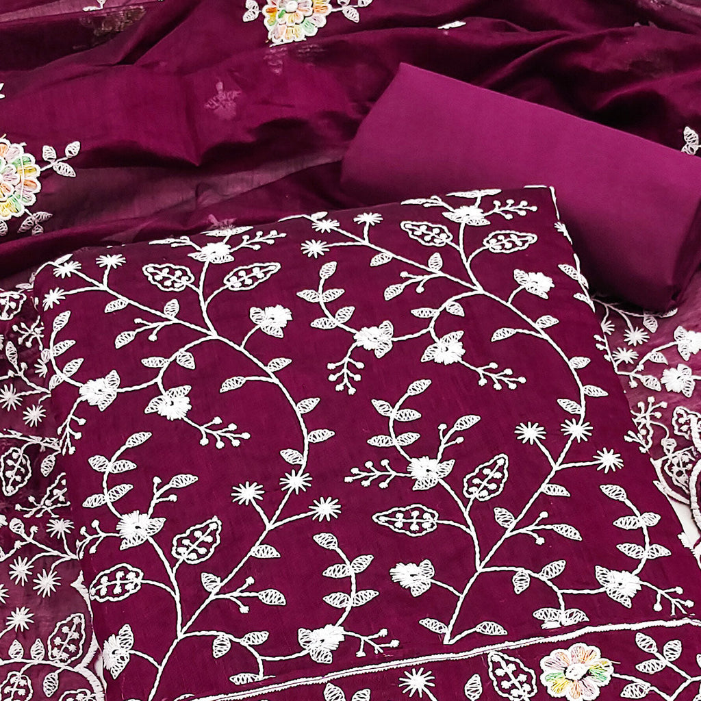 Opulent Wine Chanderi Silk Dress Material With Artistic Floral Thread Embroidery