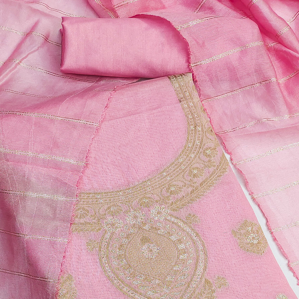 Baby Pink Banarasi Silk Dress Material With Classic Zari Design