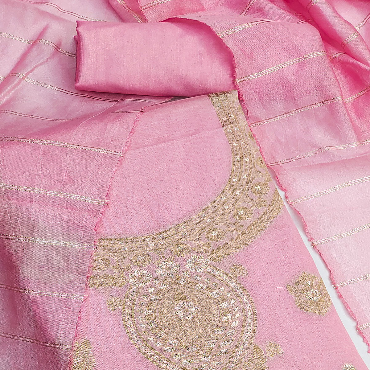 Baby Pink Banarasi Silk Dress Material With Classic Zari Design