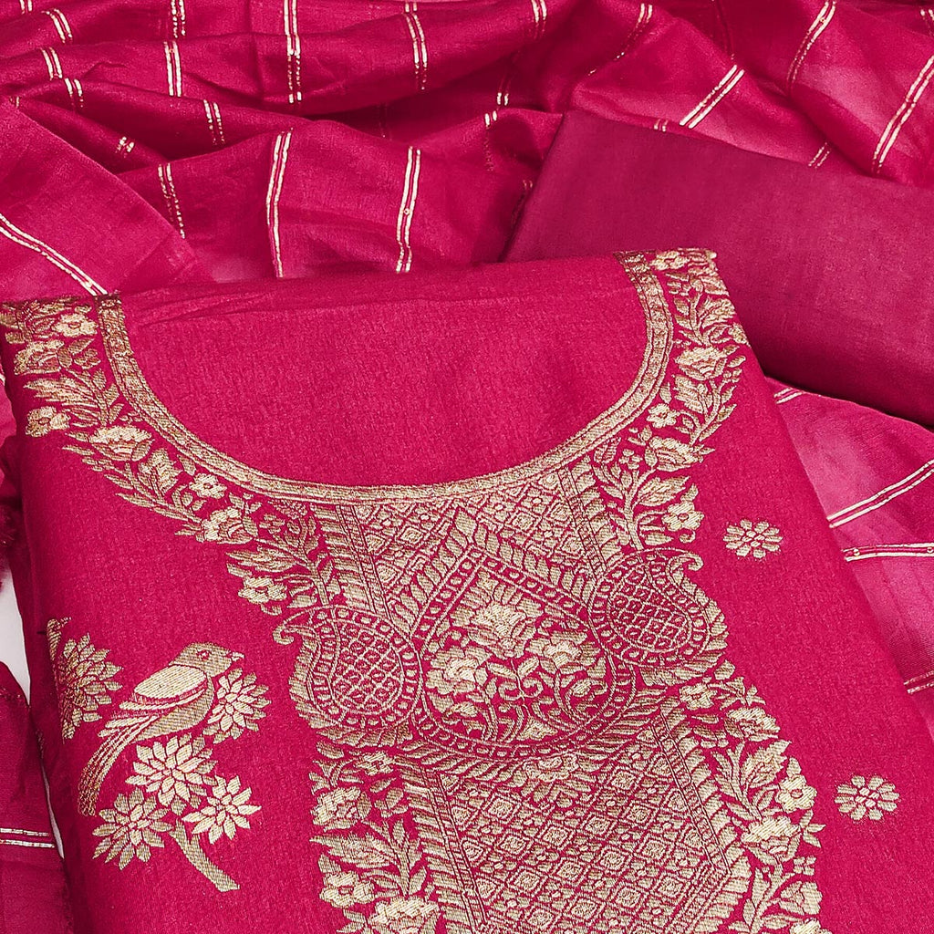 Dark Pink Banarasi Silk Dress Material With Classic Zari Design
