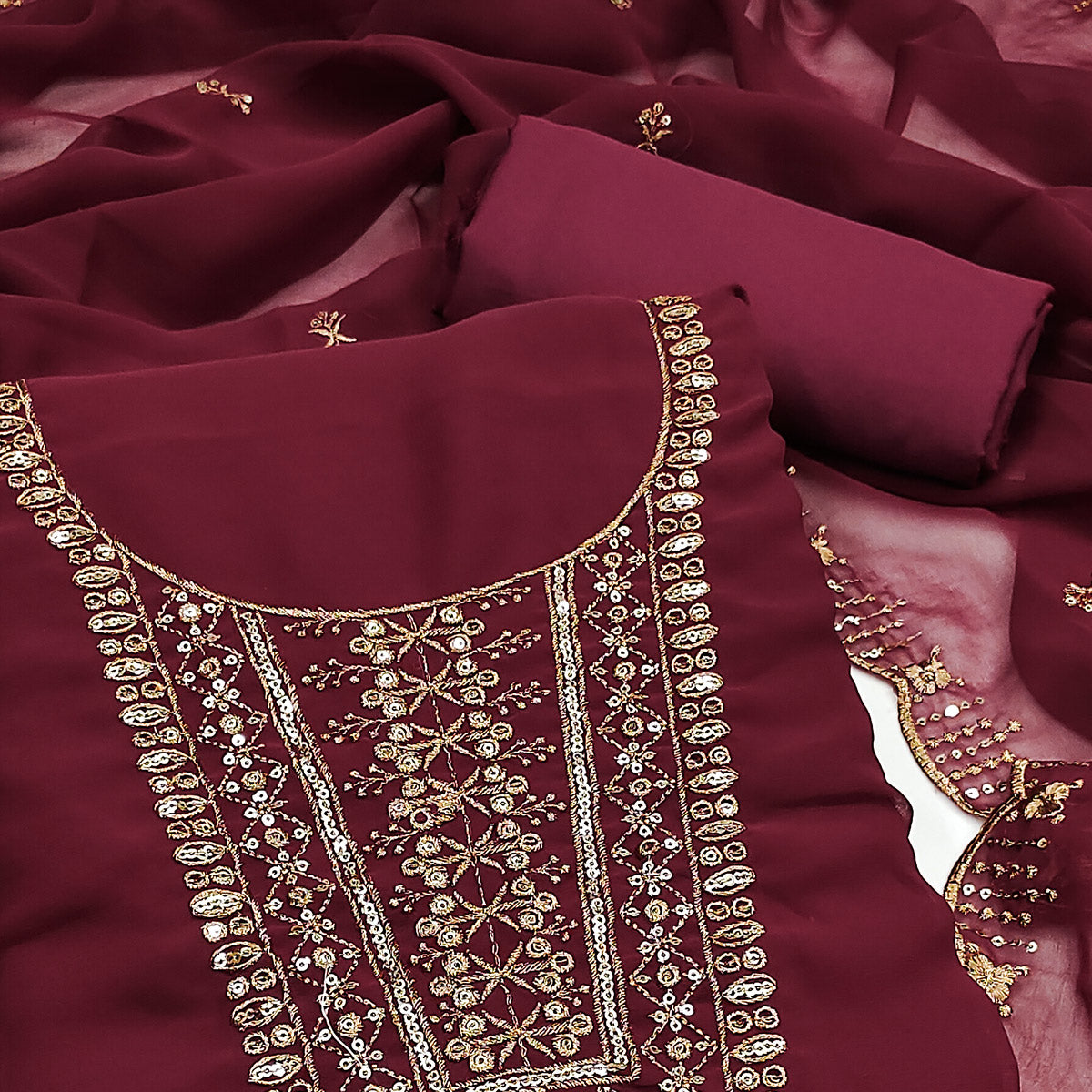 Maroon Georgette Dress Material Featuring Floral Sequins Embroidery
