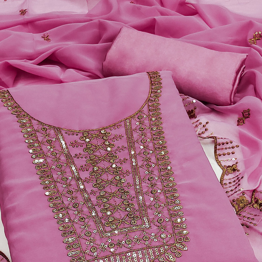 Pink Georgette Dress Material Featuring Floral Sequins Embroidery