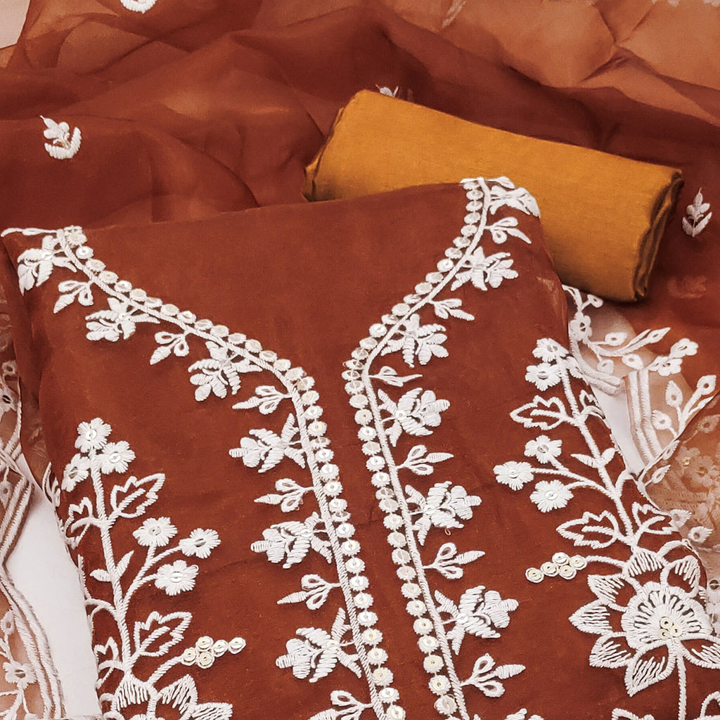 Brown Floral Embroidered Work Dress Material With Shimmering Sequin Detailing