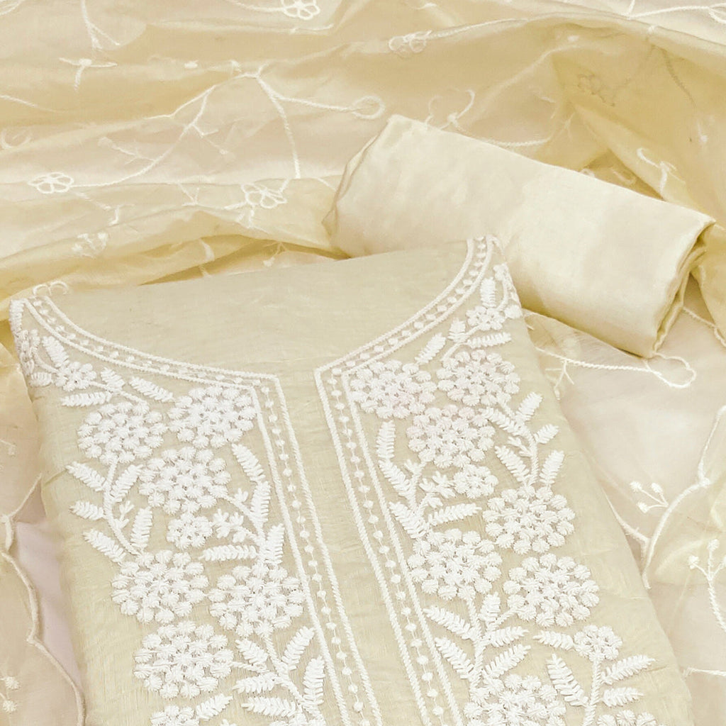 Cream Chanderi Silk Dress Material With Exquisite Floral Thread Embroidery