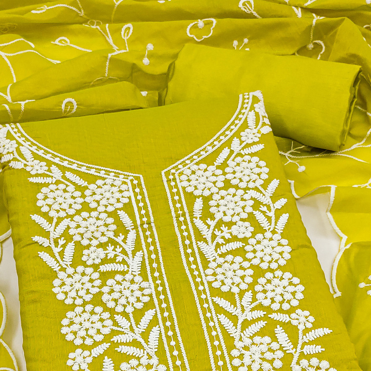 Green Chanderi Silk Dress Material With Exquisite Floral Thread Embroidery
