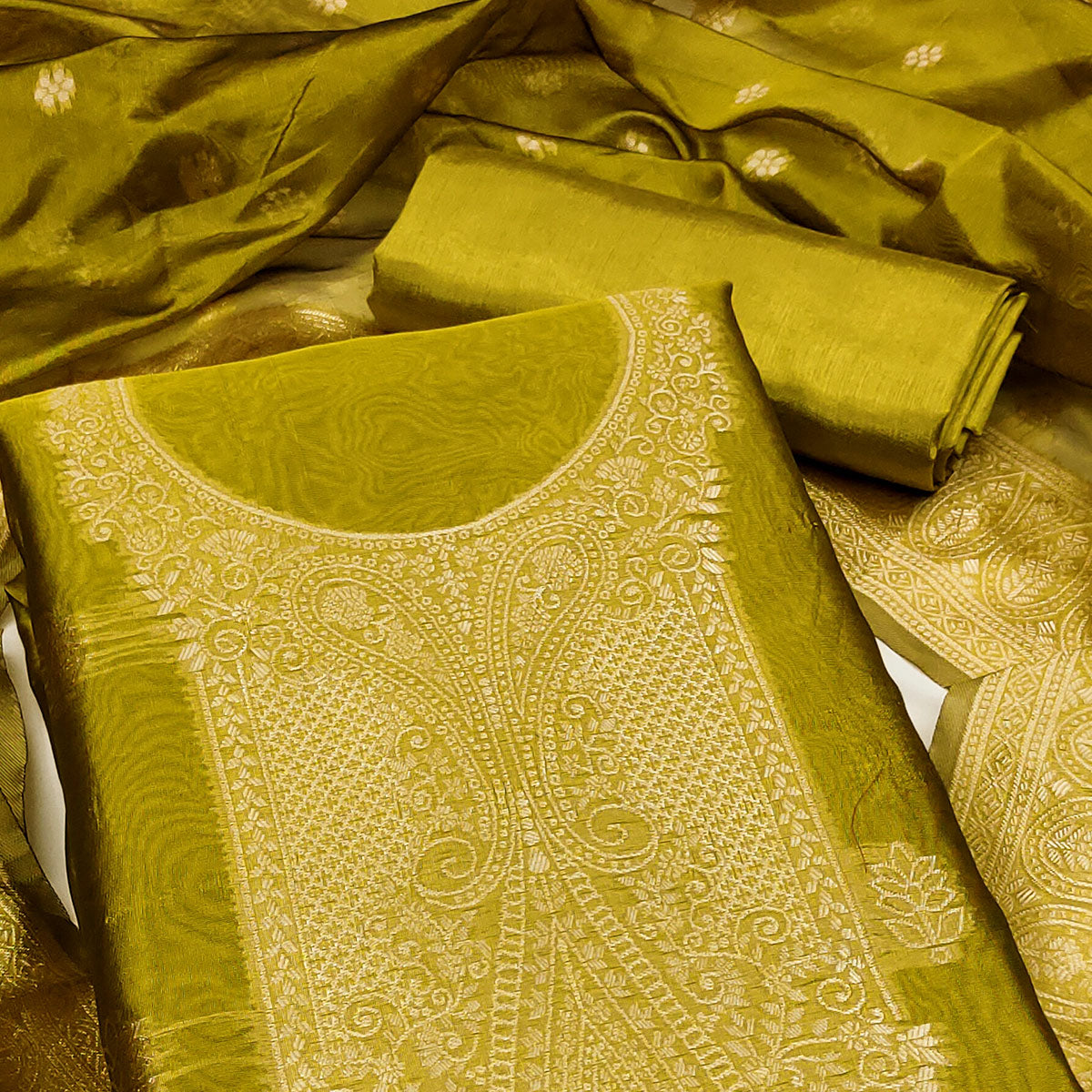 Green Zari Floral Jacquard Weaving on Shimmer Silk Dress Material