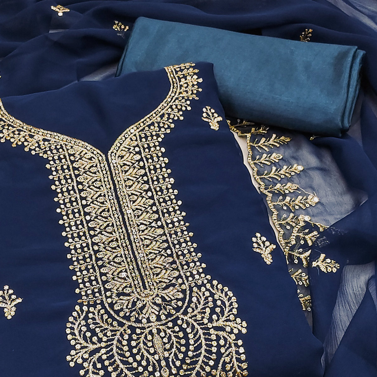 Blue Georgette Dress Material Adorned With Floral Zari & Sequin Embroidery