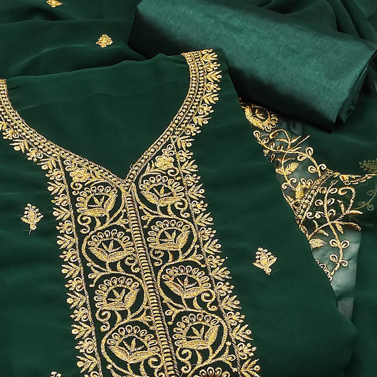 Green Georgette Dress Material With Intricate Floral Zari Embroidery