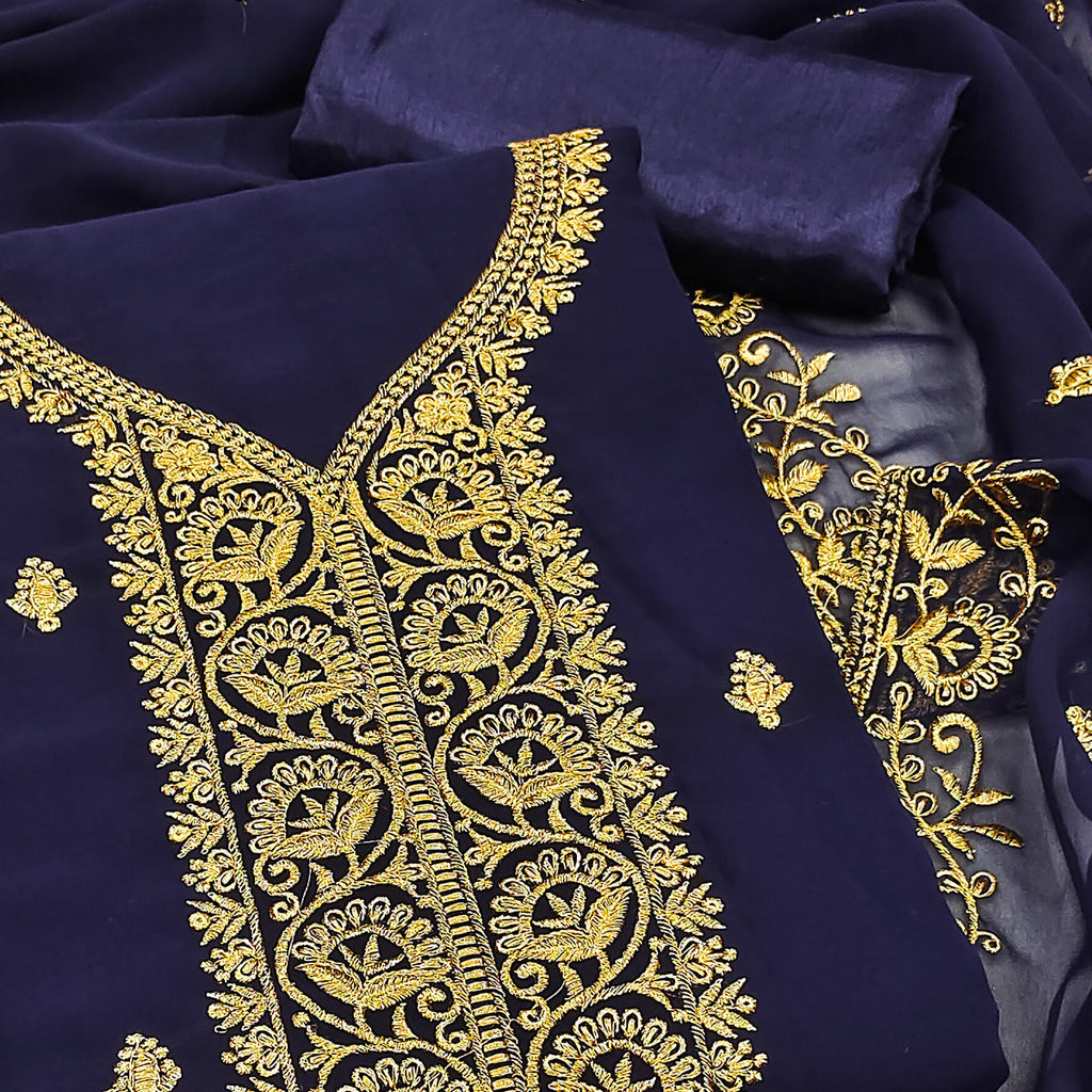 Navy Blue Georgette Dress Material With Intricate Floral Zari Embroidery