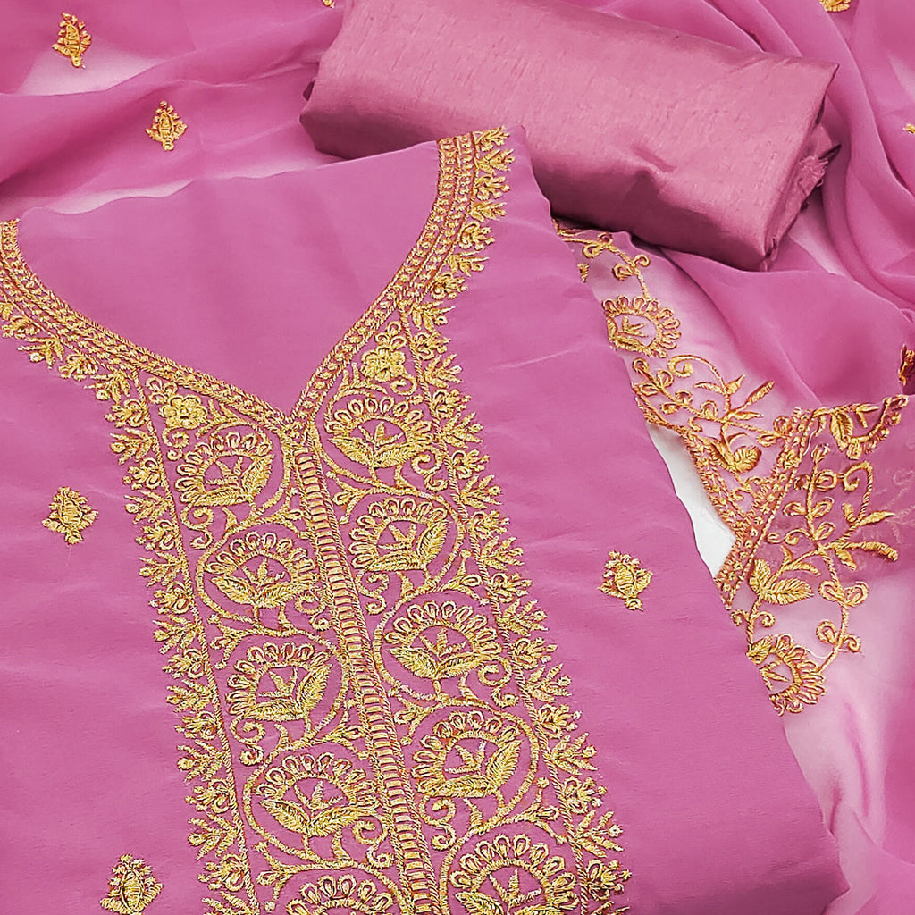 Pink Georgette Dress Material With Intricate Floral Zari Embroidery