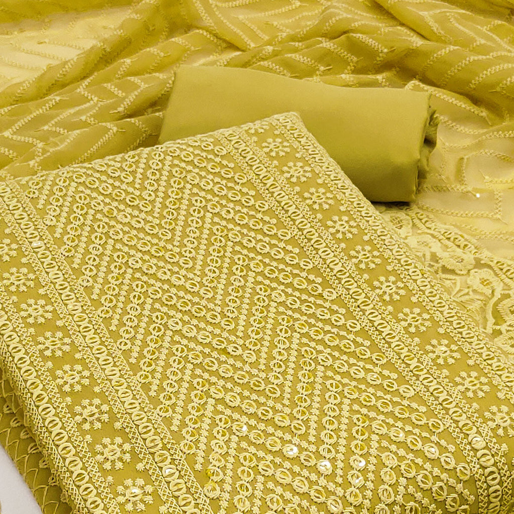 Olive Green Georgette Dress Material With Alluring Sequin Embroidery