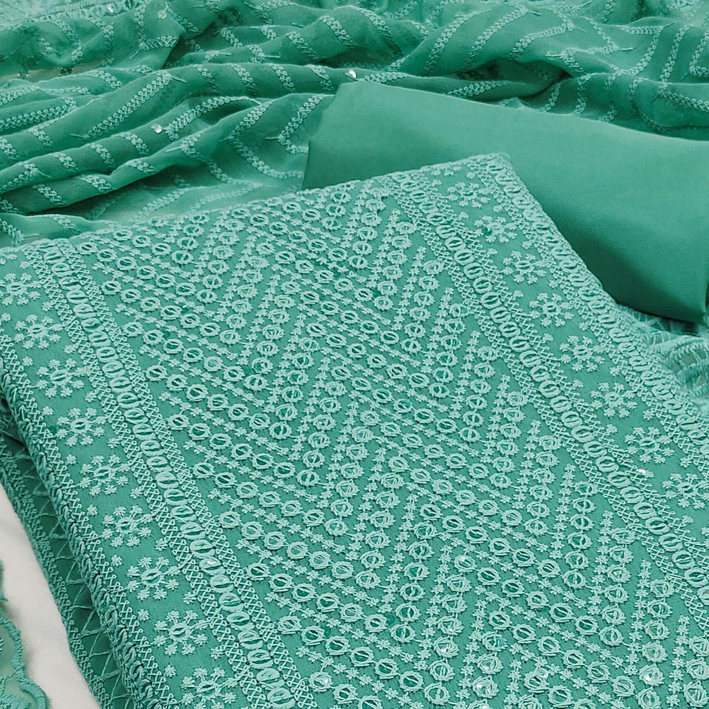 Persian Green Georgette Dress Material With Alluring Sequin Embroidery