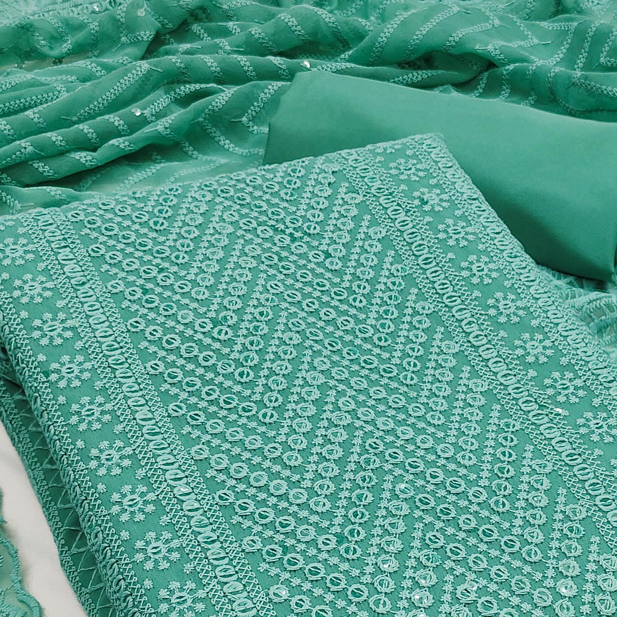 Persian Green Georgette Dress Material With Alluring Sequin Embroidery