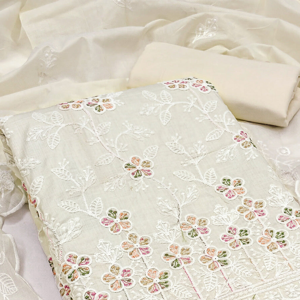 Cream Cotton Blend Dress Material With Delicate Floral Thread Embroidery