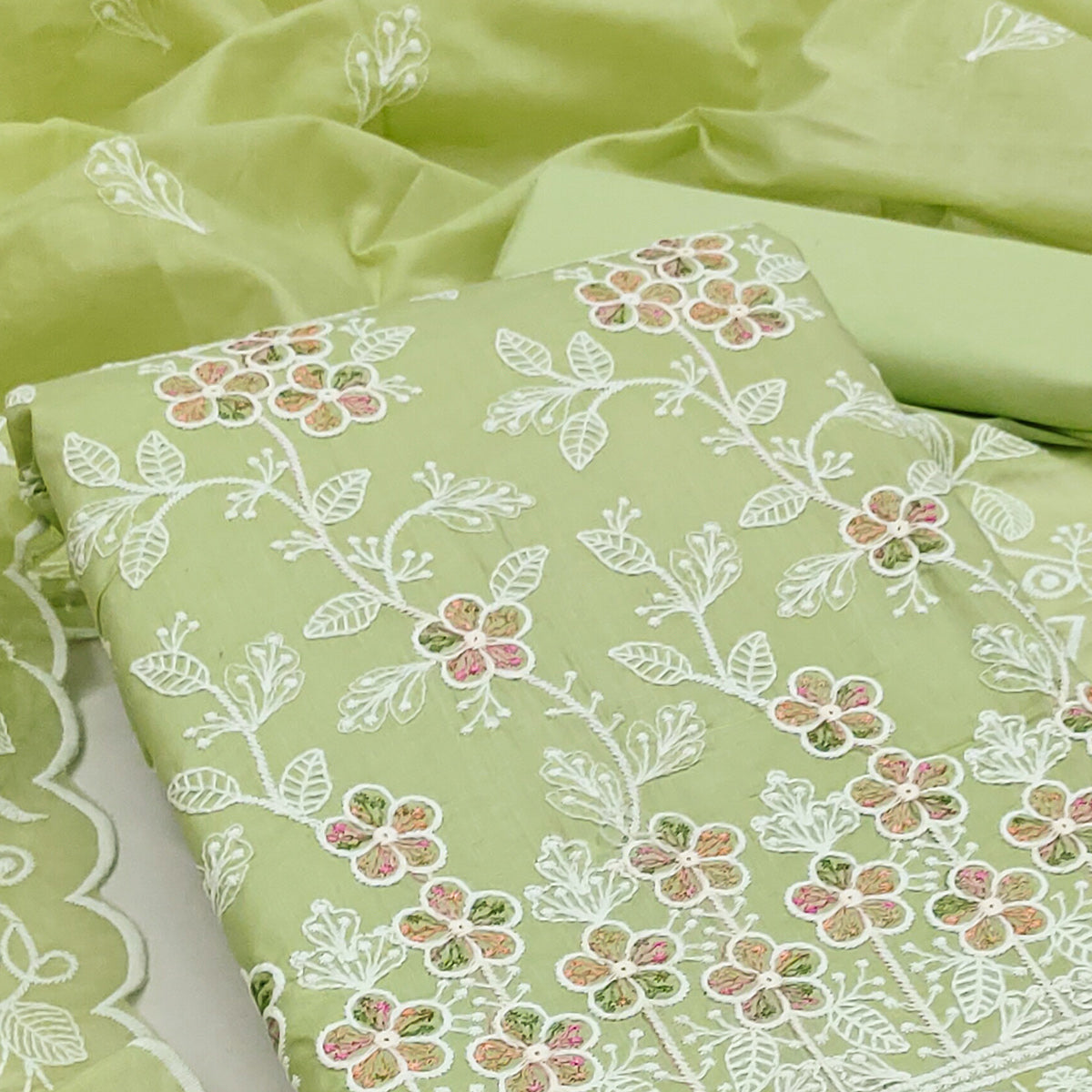 Green Cotton Blend Dress Material With Delicate Floral Thread Embroidery
