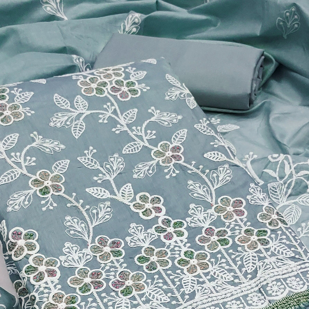 Grey Cotton Blend Dress Material With Delicate Floral Thread Embroidery