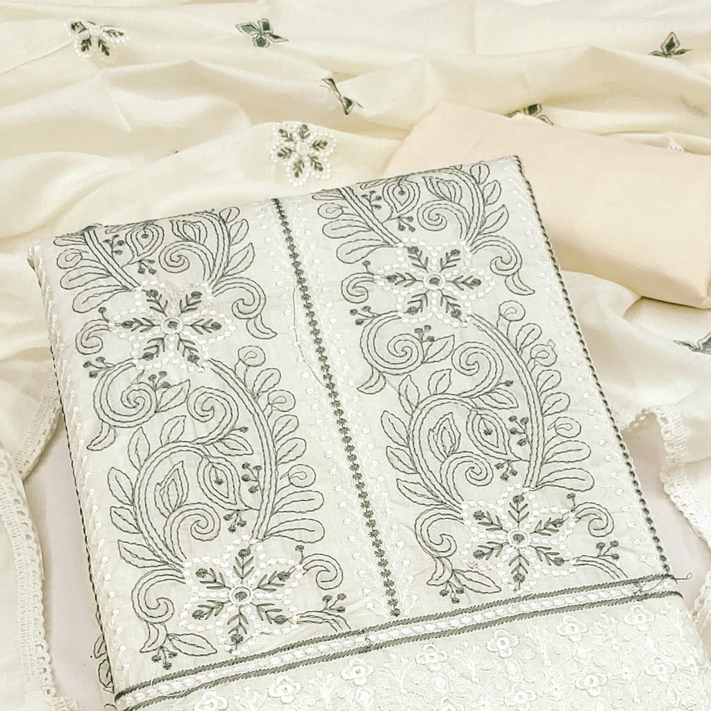 Cream Cotton Blend Dress Material With Intricate Floral Thread Embroidery Work