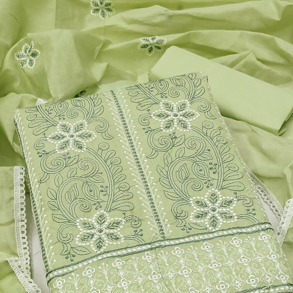 Green Cotton Blend Dress Material With Intricate Floral Thread Embroidery Work